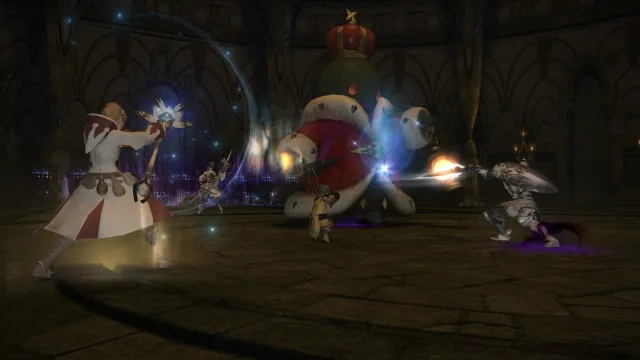 The Tonberry King fighting Warriors of Light in the Final Fantasy MMO, FFXIV