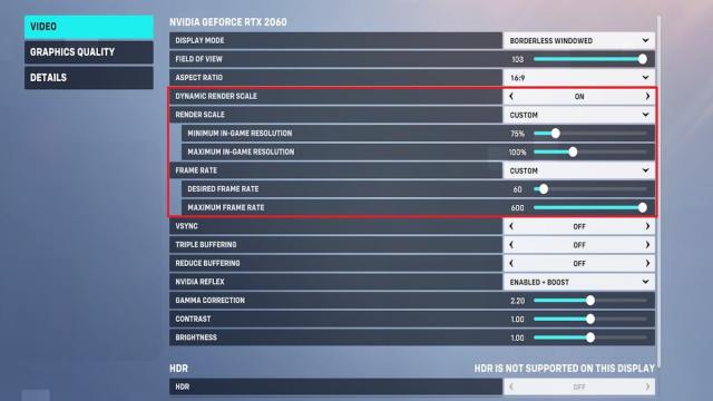 Settings menu for Overwatch 2 with dynamic render resolution highlighted