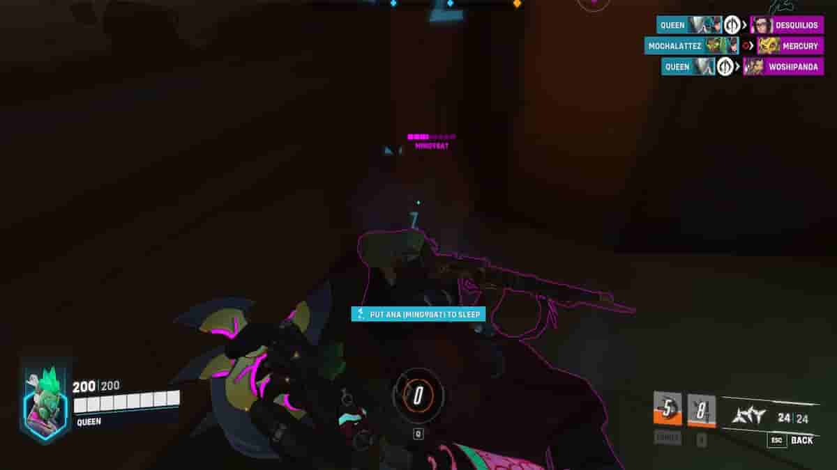 A really blurry POV of Genji with his cyberdemon skin and enemy Ana sleeping on the ground in Overwatch 2