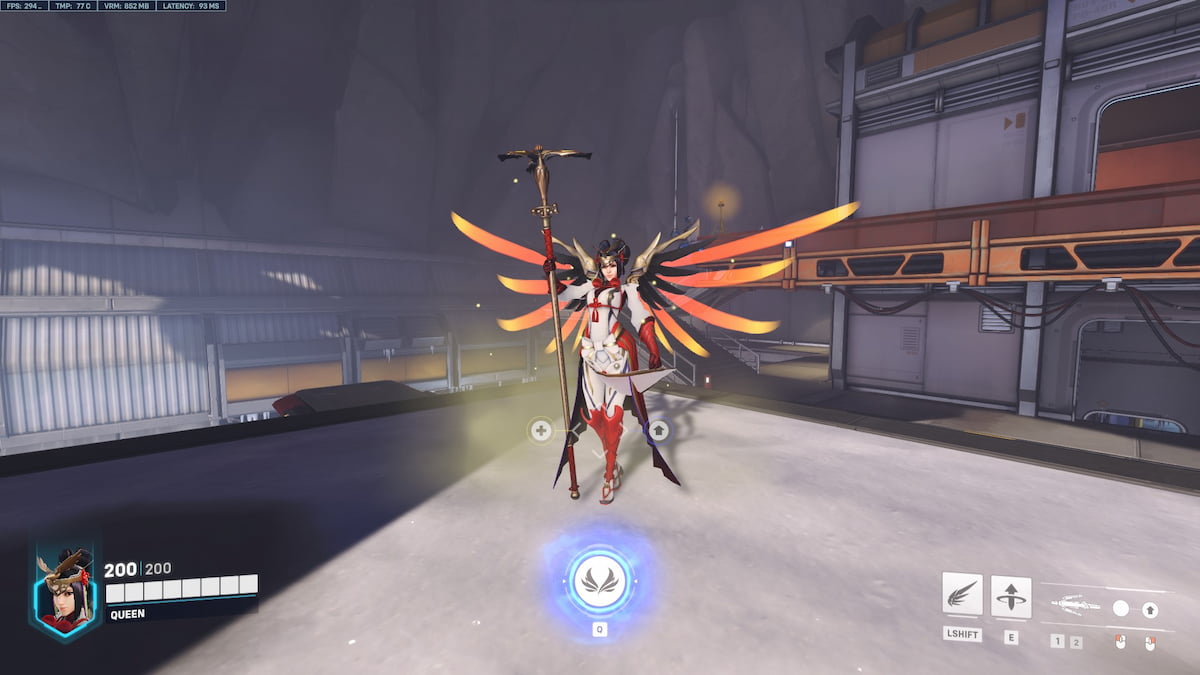 Mercy with the Miko skin with wings wide open in Overwatch 2