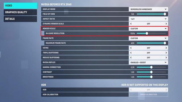 settings menu in Overwatch 2 with render scale and in-game resolution set to 100%