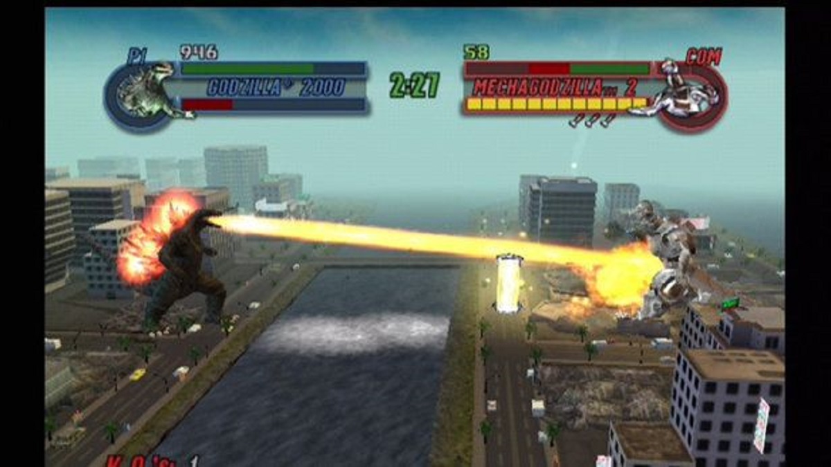 Godzilla Save the Earth for Xbox. Godzilla is firing atomic breath at Gigan.