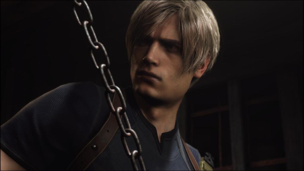 Leon Kennedy looking to the side in Resident Evil 4 remake. 