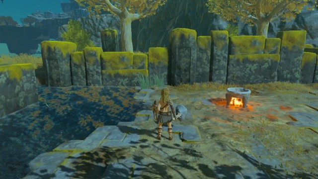 Link next to a cooking pot in The Legend of Zelda: Tears of the Kingdom.