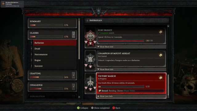 Diablo 4 Challenges menu
