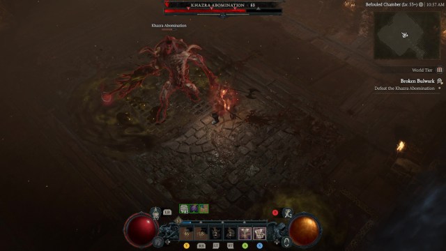 Barbarian fighting the Khazra Abomination in the Broken Bulwark in Diablo 4