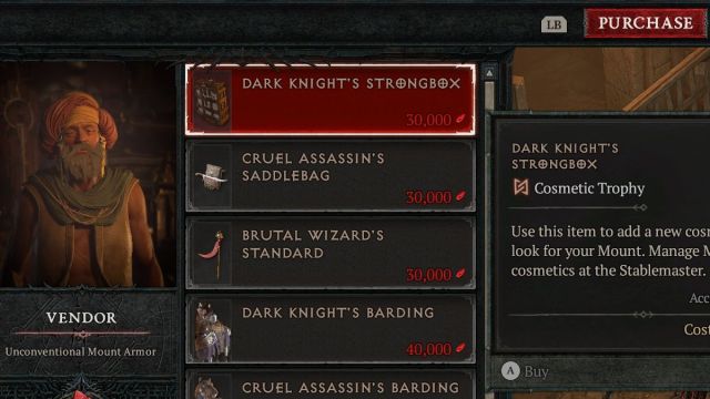 Looking at the Dark Knight's Strongbox sold by the Unconventional Mount Armor vendor in Diablo 4