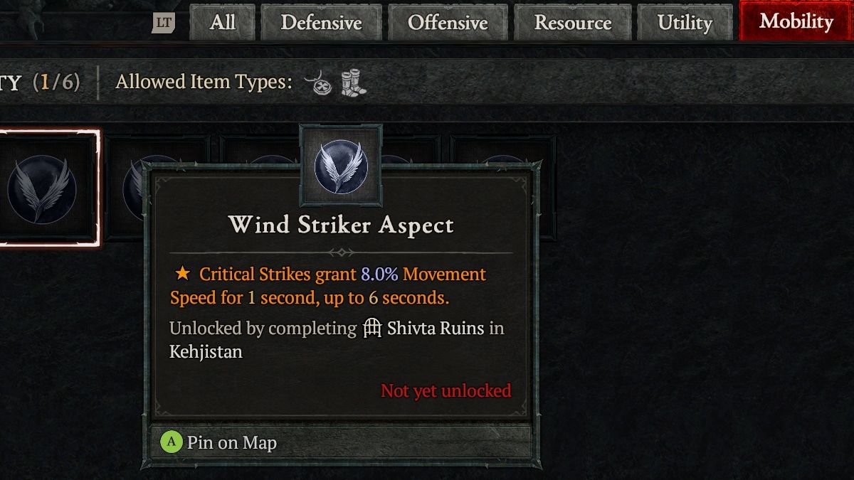 Diablo 4 Wind Striker Aspect in the Codex of Power