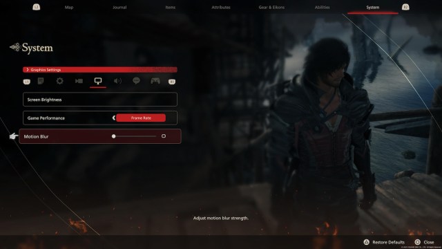 The menu option to turn off Motion Blur in Final Fantasy XVI (FF16)