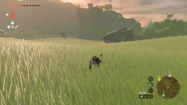 Tears of the Kingdom TotK. Crouched in different grass looking at a distant Silver Lynel.