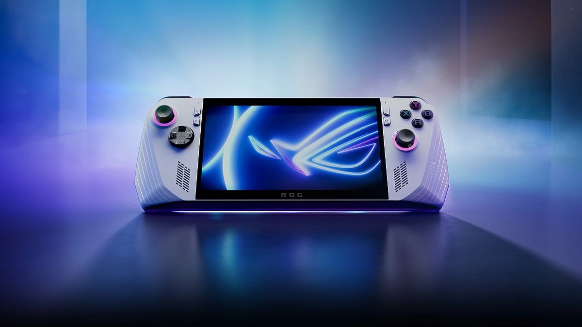 ASUS ROG Ally on a flashy blue and purple background.