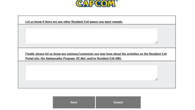 Survey from Capcom asking questions about Resident Evil.
