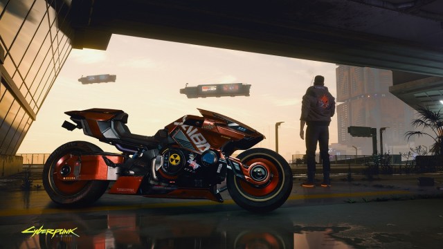 Cyberpunk 2077: someone chilling next to a sweet motorcycle.