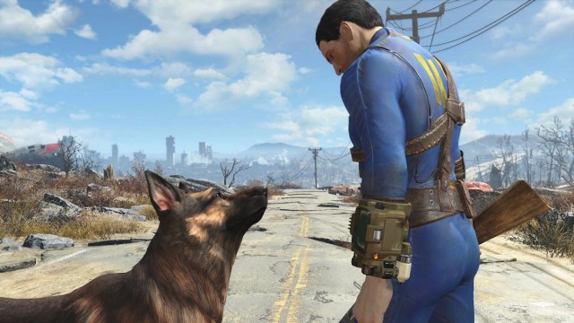 Fallout 4: The Sole Survivor looking at Dogmeat.