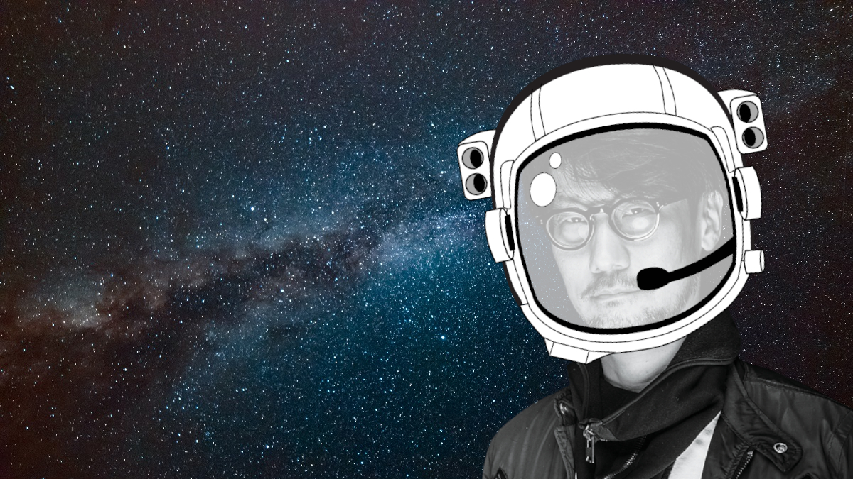 Image of Hideo Kojima wearing a cartoon space helmet while he floats around in the cosmos.