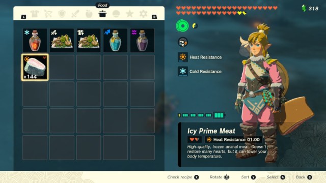 Icy Prime Meat in Link's inventory in The Legend of Zelda: Tears of the Kingdom