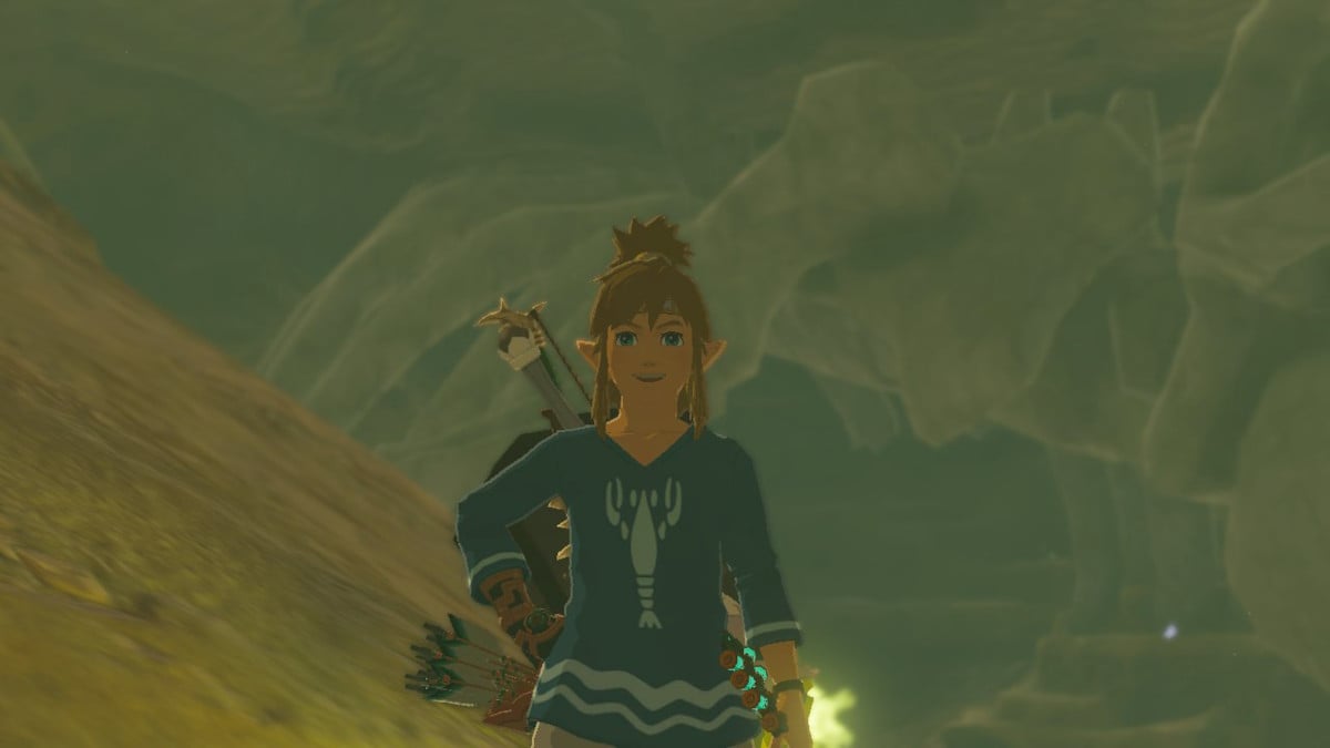 Link standing in front of Gerudo's Great Skeleton in The Legend of Zelda: Tears of the Kingdom.
