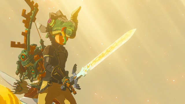 Link holding glowing Master Sword in The Legend of Zelda: Tears of the Kingdom.