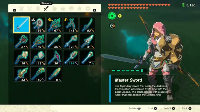 The Master Sword in the inventory in The Legend of Zelda: Tears of the Kingdom.