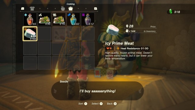 Link selling Icy Prime Meat to Beedle in The Legend of Zelda: Tears of the Kingdom.