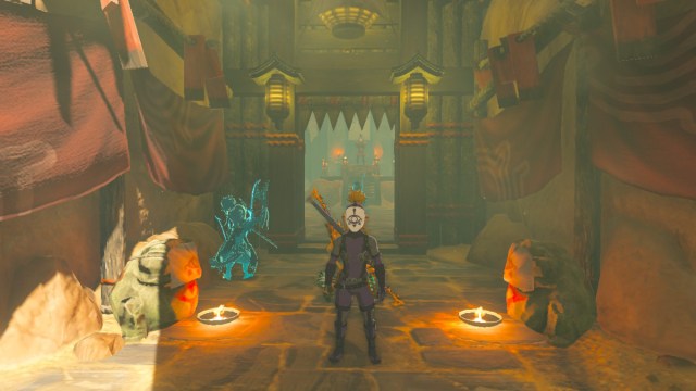 Link wearing Yiga Clan outfit in front of Yiga HQ in The Legend of Zelda: Tears of the Kingdom.