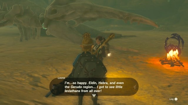 Link and Loone in dialogue during the Gerudo's Colossal Fossil quest.