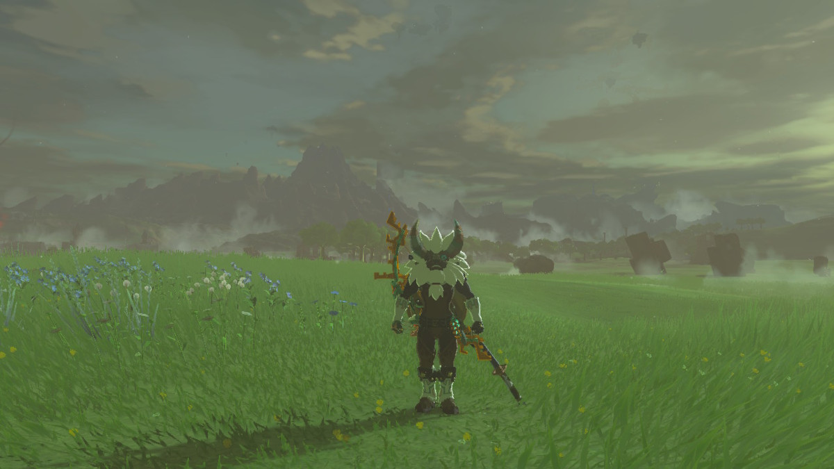 Link proudly wearing the Lynel Mask standing in Hyrule Field