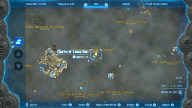 Map pinpointing BigHearty Radish on North Necluda Sky Archipelago in The Legend of Zelda: Tears of the Kingdom.