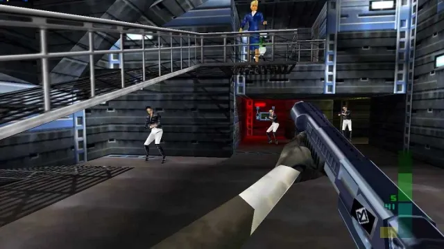 Perfect Dark N64: Joanna Dark shooting at some enemies.