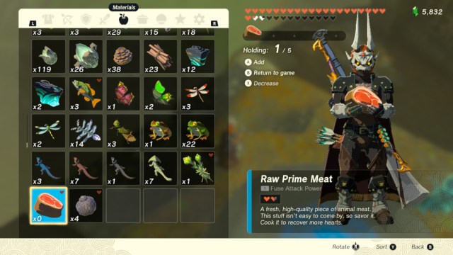 Raw Prime Meat in Link's inventory in The Legend of Zelda: Tears of the Kingdom.