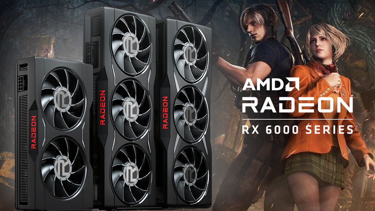 Claire and Leon from Resident Evil 4 with some AMD Radeon graphics cards in front of them.
