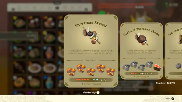 Spicy Mushroom Skewer in the recipe menu of The Legend of Zelda: Tears of the Kingdom.
