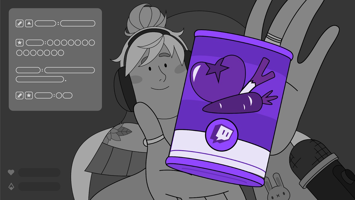 Twitch image showing a cartoon streamer holding up a purple can of food.