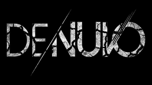 Denuvo-Logo auf schwarzem Hintergrund.