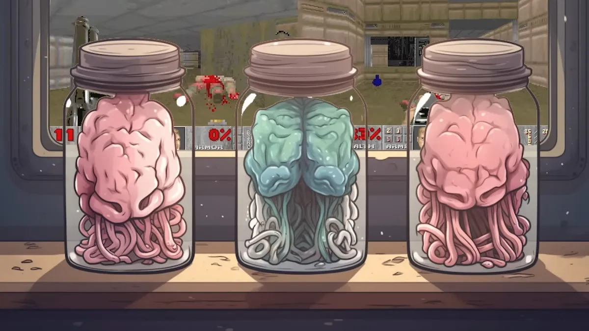 Three brains in jars watching Doom.