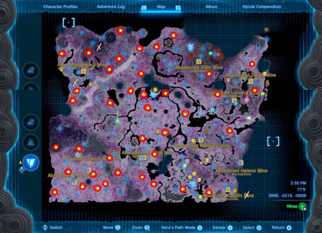 Map of the depths in Tears of the Kingdom with every Frox location marked.