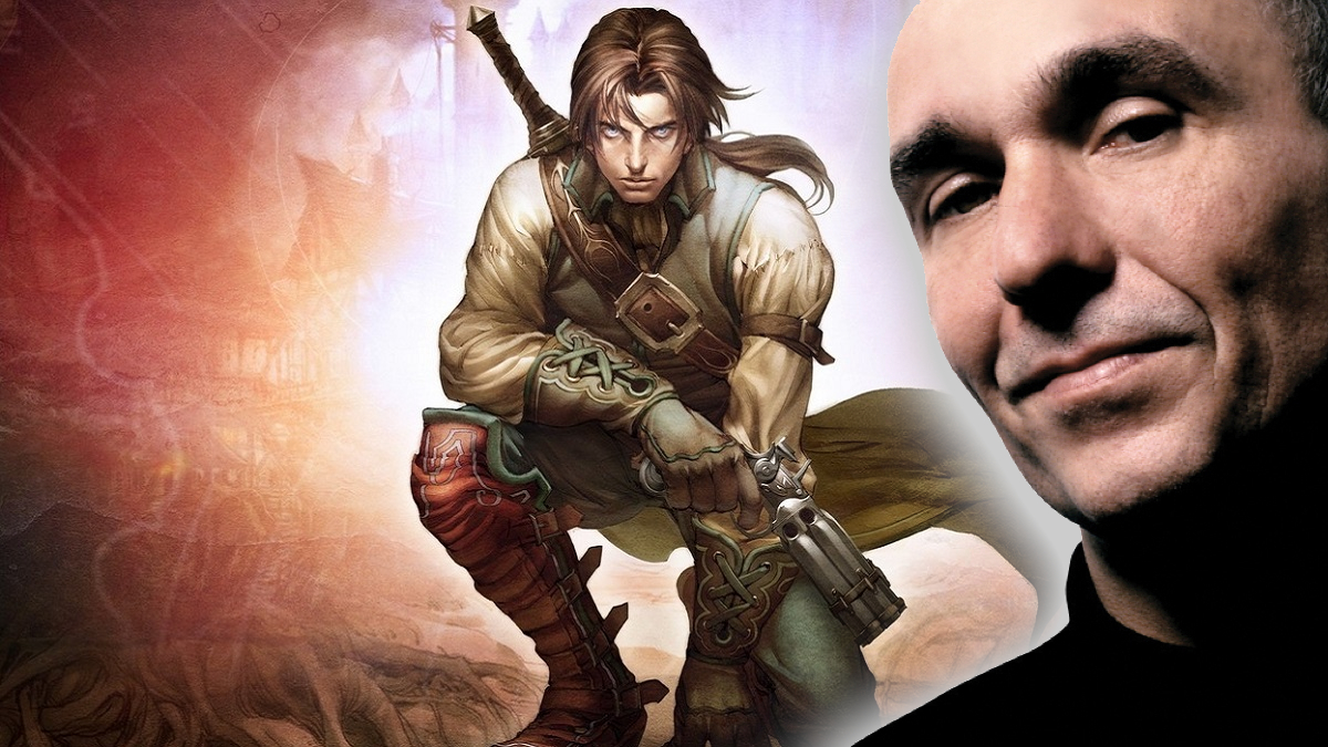 Developer Peter Molyneux next to Sparrow from Fable 2.