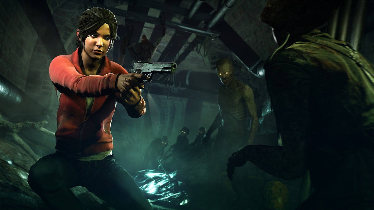 Left 4 Dead: Zoe pointing a gun at a zombie.
