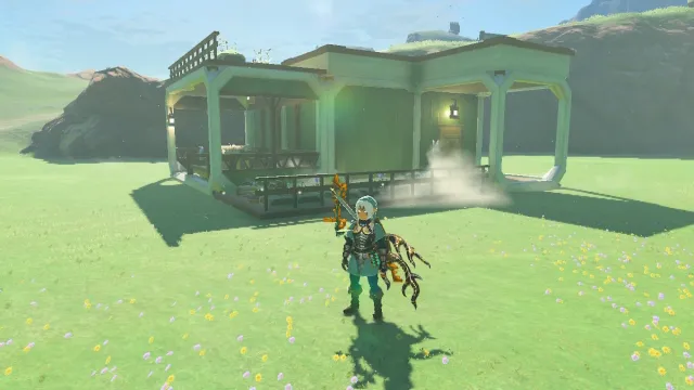 Link in front of small house in The Legend of Zelda: Tears of the Kingdom.