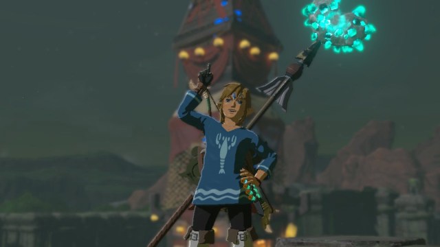 Link standing in front of Thyphlo Ruins Skyview Tower in The Legend of Zelda: Tears of the Kingdom.