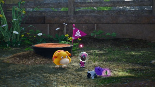 Oatchi and Leafling in Pikmin 4.