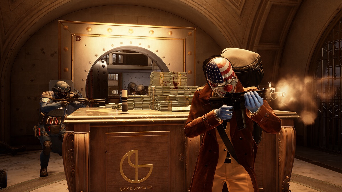 Payday 3: one of the bank robbers firing off-screen