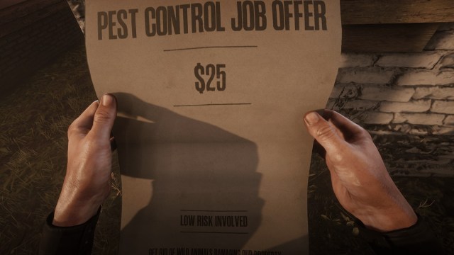 Red Dead Redemption 2: hands holding a pest control job ad.