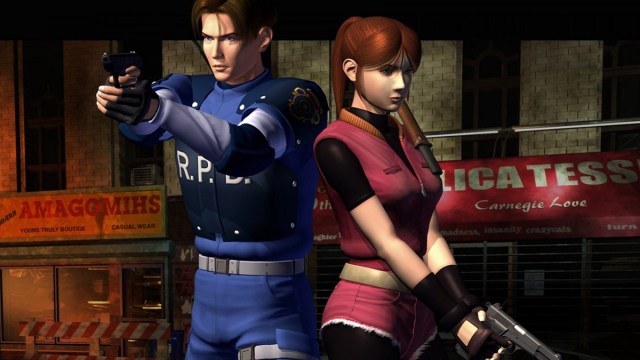 Resident Evil 2 (1998): Leon Kennedy and Claire Redfield holding guns.