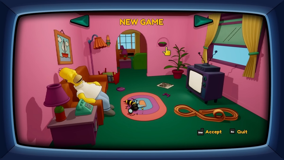 The Simpsons: Hit & Run menu screen showing Homer asleep on the couch.