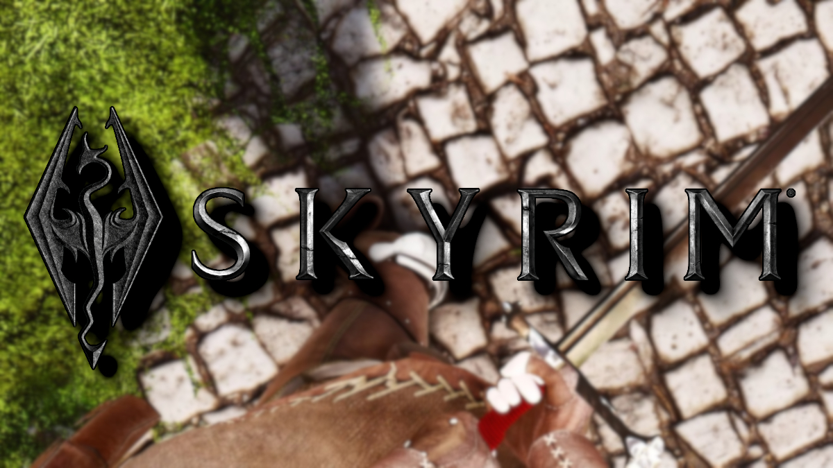 Skyrim: The game's logo with a blurry image from the game showing the player's feet.