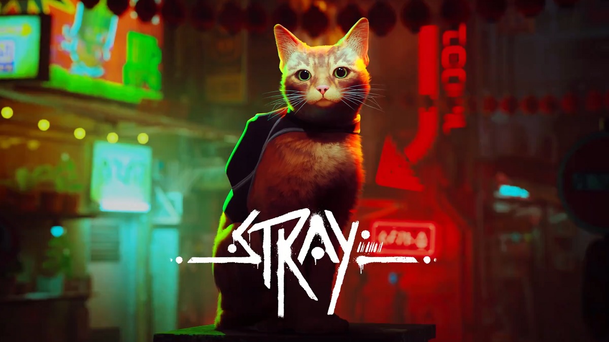 The cat from Stray, with a neon city in the backgroubd.