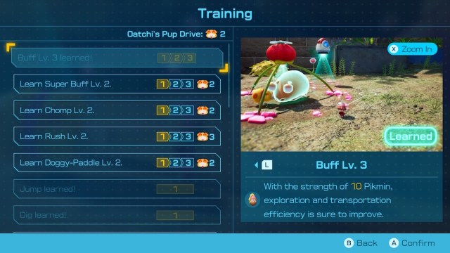 The training menu to upgrade Oatchi in Pikmin 4.