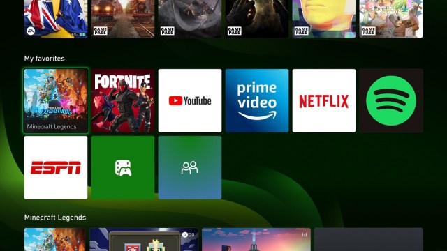 Xbox Home screen showing Minecraft: Legends and Fortnite under the "My Favorites" category.