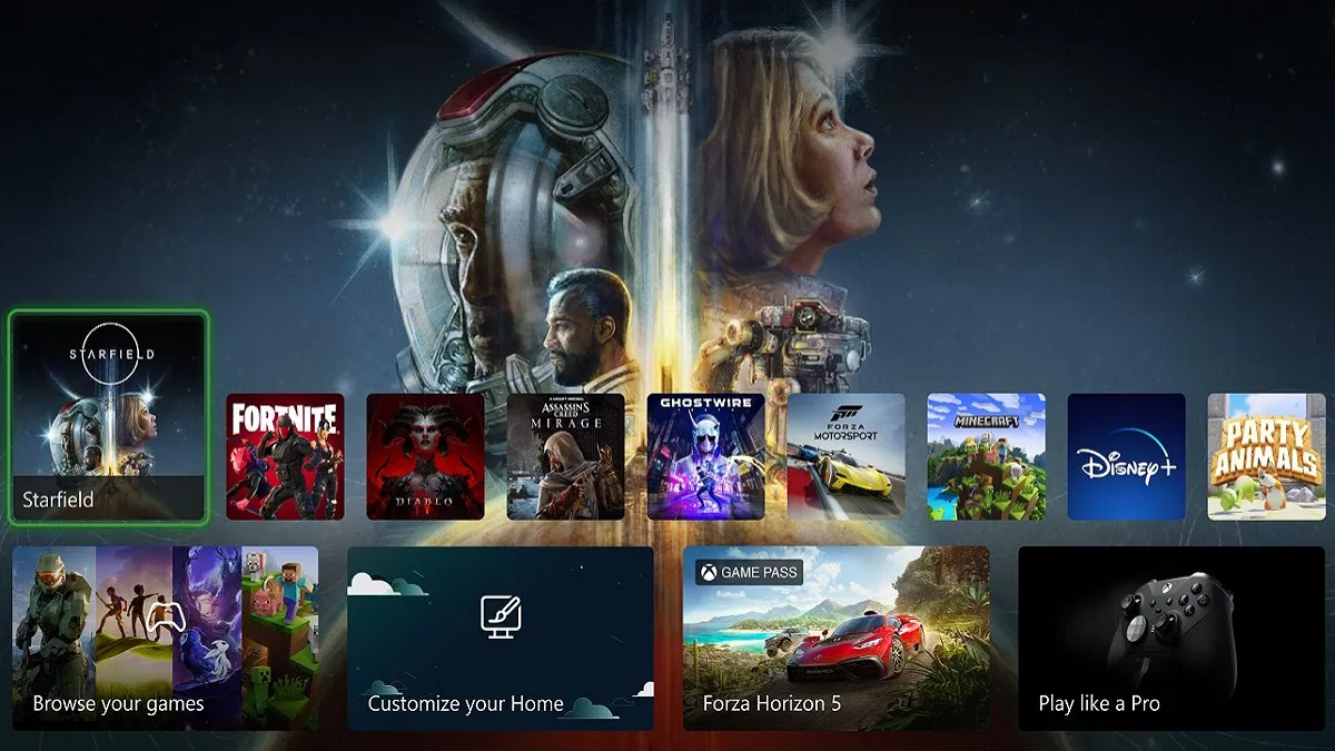 Xbox Home screen, showing Starfield in the background.